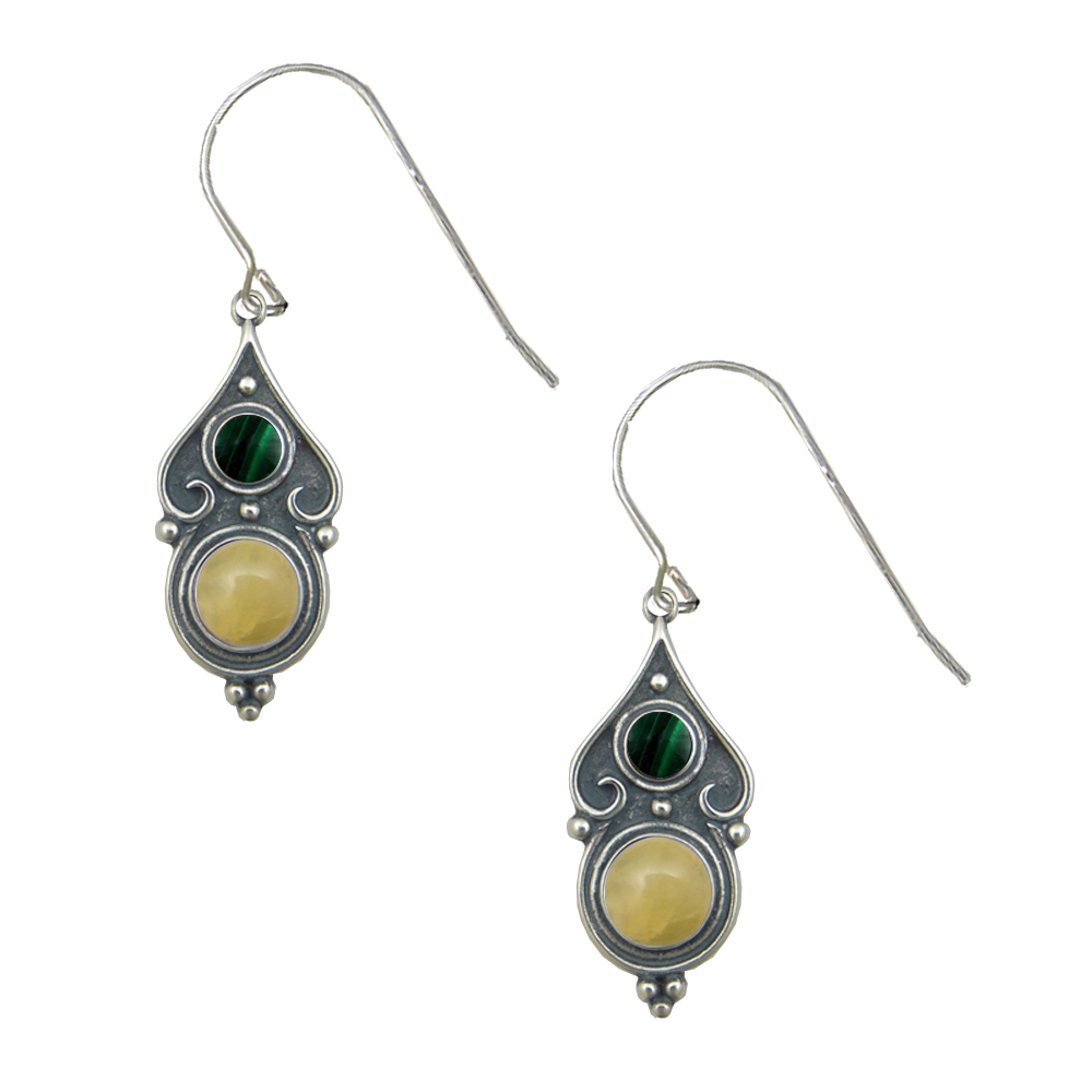 Sterling Silver Designer Post Stud Earrings With Yellow Aragonite And Malachite